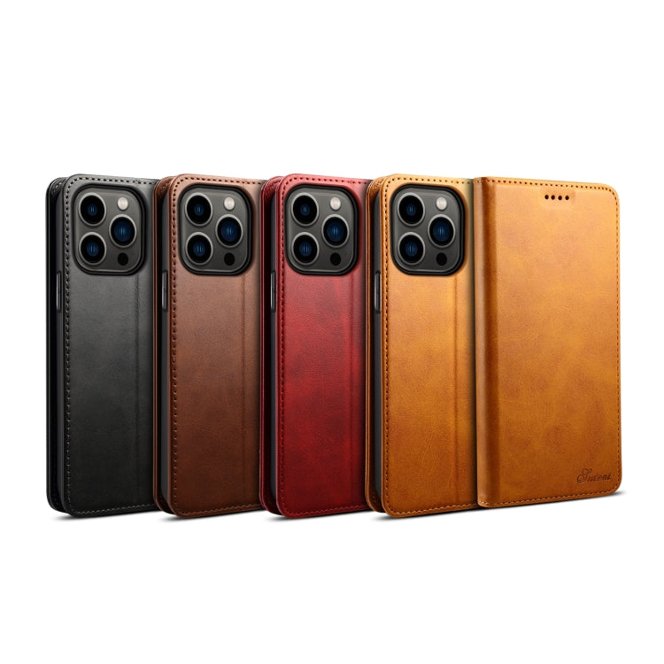 For iPhone 15 Pro Suteni Calf Texture Horizontal Flip Leather Phone Case(Brown) by Suteni