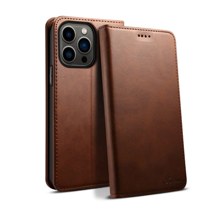 For iPhone 15 Pro Suteni Calf Texture Horizontal Flip Leather Phone Case(Brown) by Suteni