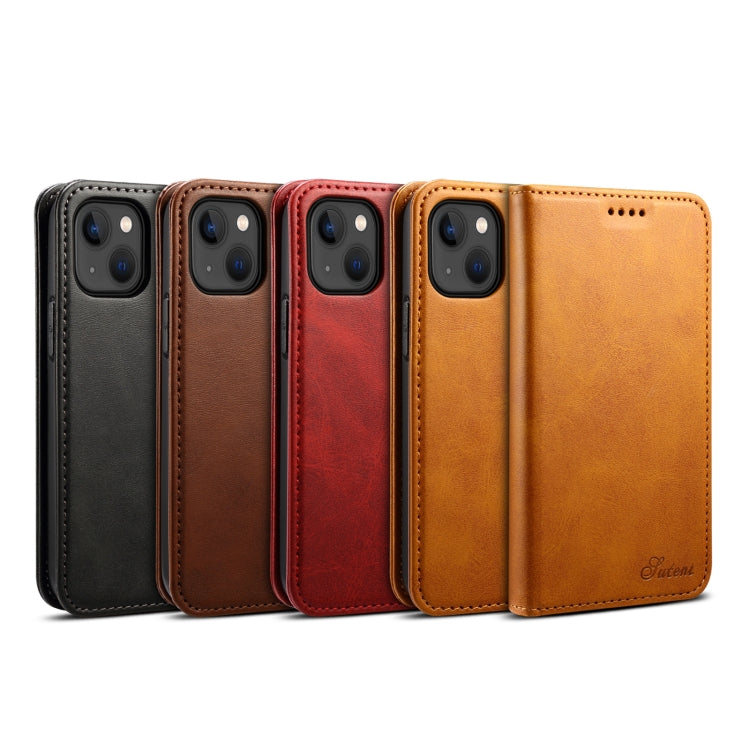 For iPhone 15 Plus Suteni Calf Texture Horizontal Flip Leather Phone Case(Brown) by Suteni