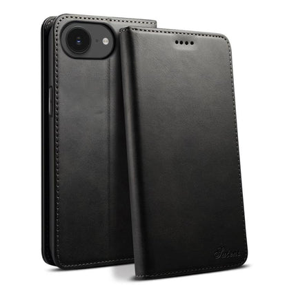For iPhone 16e Suteni Calf Texture Horizontal Flip Leather Phone Case(Black) by Suteni