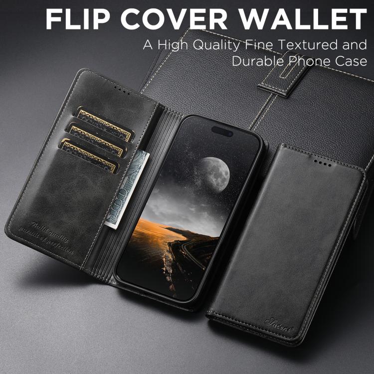 For iPhone 17 Pro Max Suteni Calf Texture Horizontal Flip Leather Phone Case(Black) by Suteni