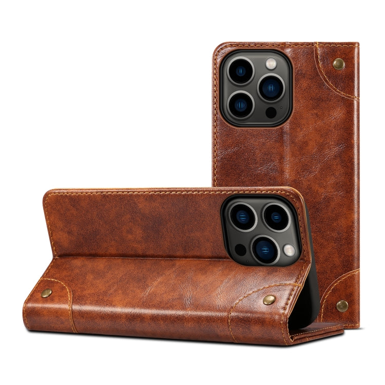 For iPhone 15 Pro Suteni Baroque Calf Texture Buckle Wallet Leather Phone Case(Khaki) by Suteni