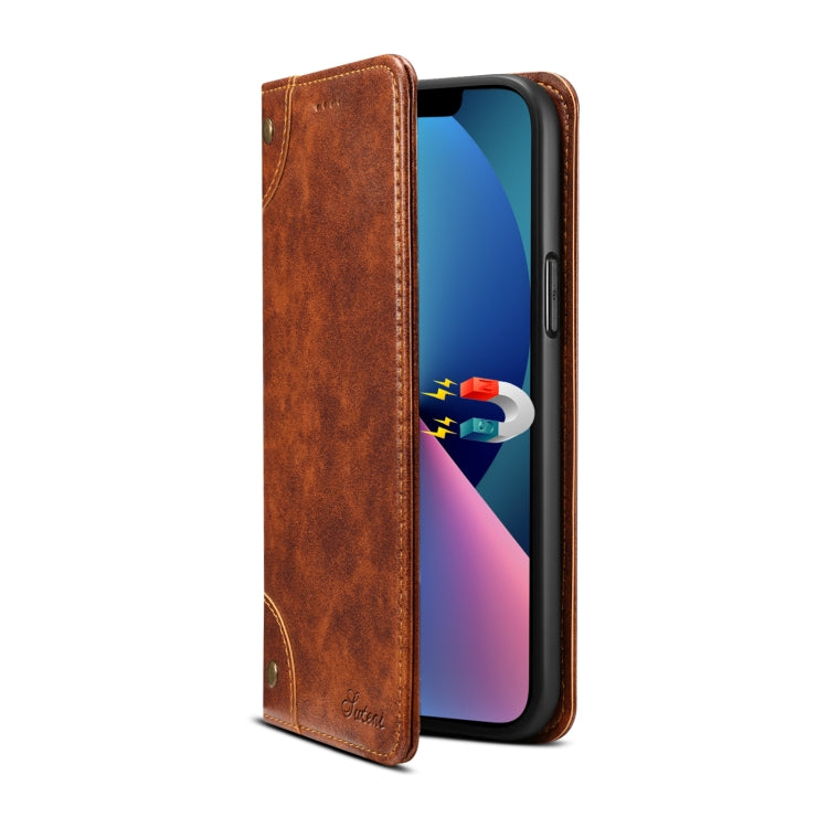 For iPhone 15 Plus Suteni Baroque Calf Texture Buckle Wallet Leather Phone Case(Khaki) by Suteni