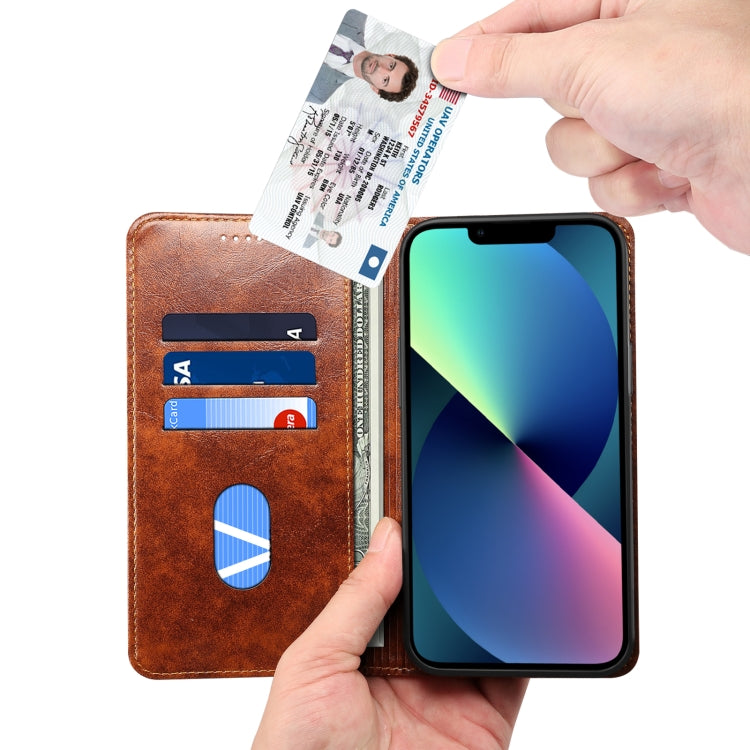 For iPhone 15 Plus Suteni Baroque Calf Texture Buckle Wallet Leather Phone Case(Khaki) by Suteni