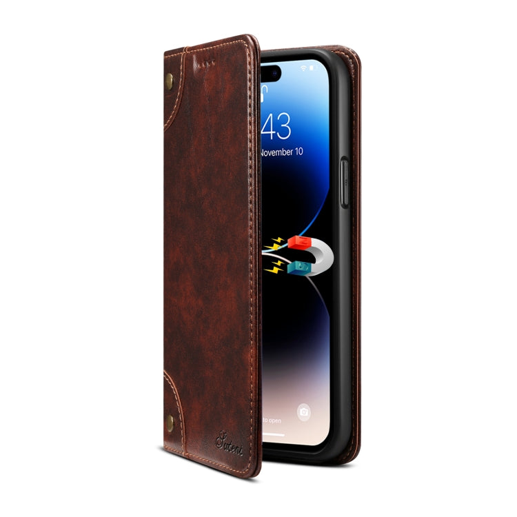 For iPhone 15 Pro Max Suteni Baroque Calf Texture Buckle Wallet Leather Phone Case(Brown) by Suteni