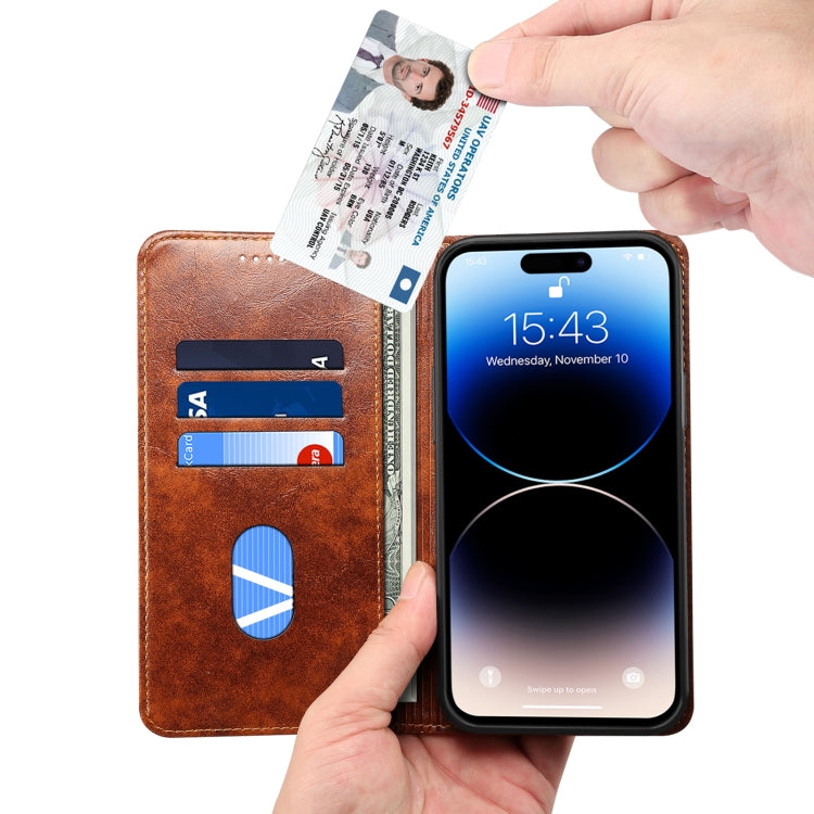 For iPhone 15 Pro Max Suteni Baroque Calf Texture Buckle Wallet Leather Phone Case(Khaki) by Suteni