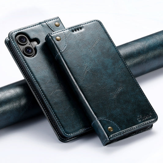 For iPhone 16 Plus Suteni Baroque Calf Texture Buckle Wallet Leather Phone Case(Blue) by Suteni