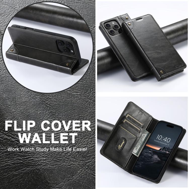 For iPhone 16e Suteni Baroque Calf Texture Buckle Wallet Leather Phone Case(Black) by Suteni