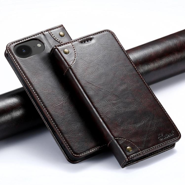 For iPhone 16e Suteni Baroque Calf Texture Buckle Wallet Leather Phone Case(Brown) by Suteni