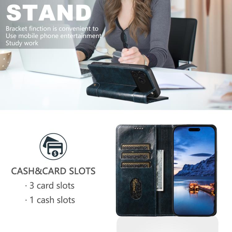 For iPhone 17 Suteni Baroque Calf Texture Buckle Wallet Leather Phone Case(Blue) by Suteni