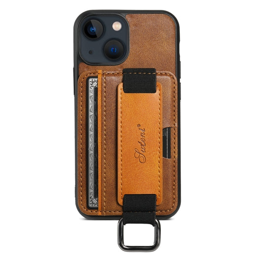 For iPhone 15 Suteni H13 Card Wallet Wrist Strap Holder PU Phone Case(Brown) by Suteni