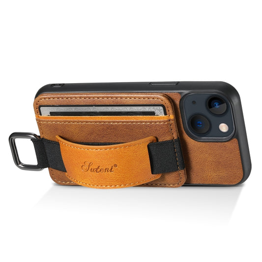 For iPhone 15 Suteni H13 Card Wallet Wrist Strap Holder PU Phone Case(Brown) by Suteni