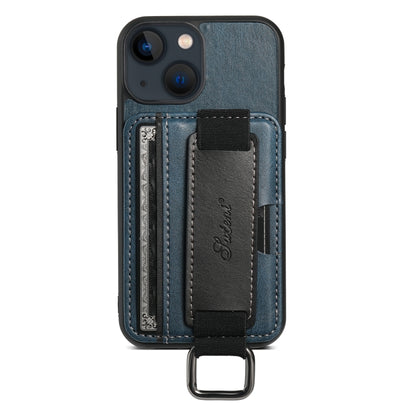 For iPhone 15 Plus Suteni H13 Card Wallet Wrist Strap Holder PU Phone Case(Blue) by Suteni