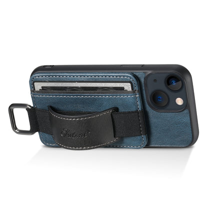 For iPhone 15 Plus Suteni H13 Card Wallet Wrist Strap Holder PU Phone Case(Blue) by Suteni