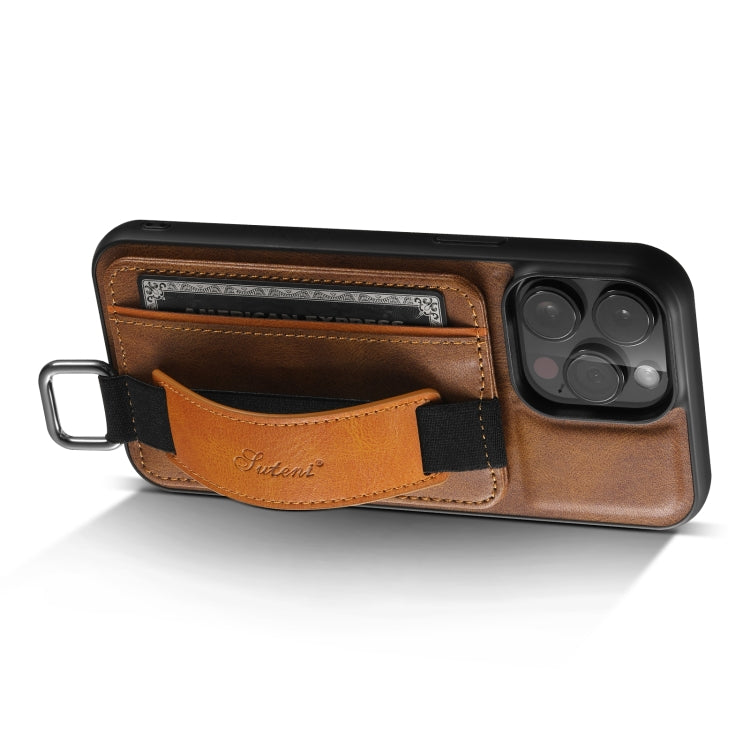 For iPhone 15 Pro Max Suteni H13 Card Wallet Wrist Strap Holder PU Phone Case(Brown) by Suteni