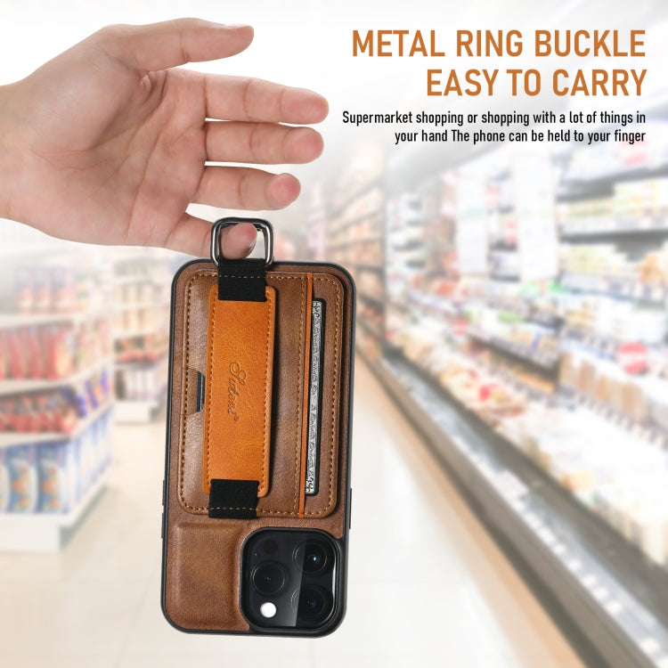 For iPhone 16 Suteni H13 Card Wallet Wrist Strap Holder PU Phone Case(Brown) by Suteni
