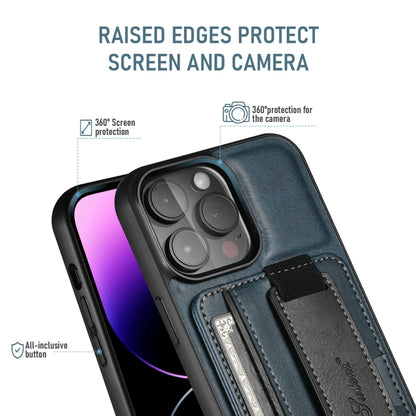 For iPhone 16 Suteni H13 Card Wallet Wrist Strap Holder PU Phone Case(Blue) by Suteni