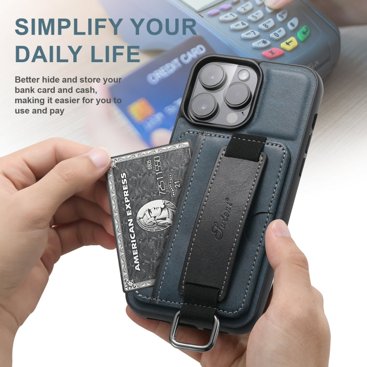For iPhone 16 Suteni H13 Card Wallet Wrist Strap Holder PU Phone Case(Blue) by Suteni