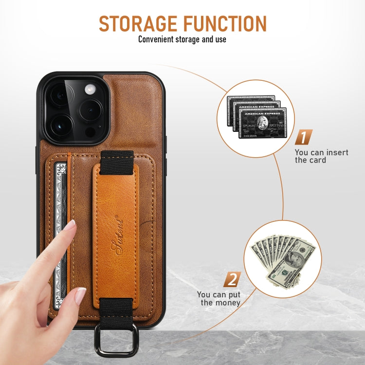 For iPhone 16 Pro Suteni H13 Card Wallet Wrist Strap Holder PU Phone Case(Brown) by Suteni