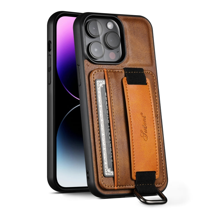 For iPhone 16 Pro Suteni H13 Card Wallet Wrist Strap Holder PU Phone Case(Brown) by Suteni