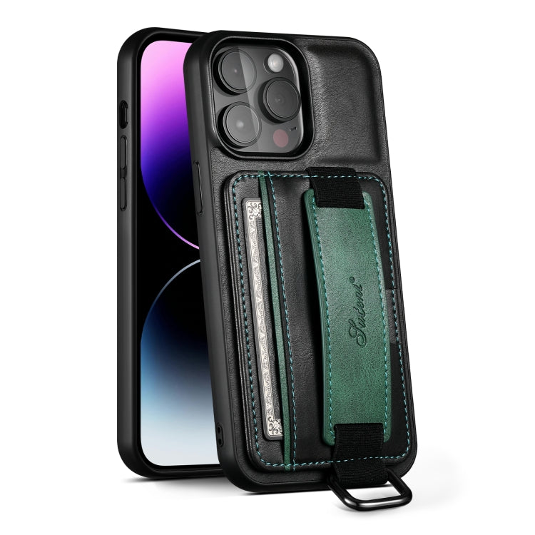 For iPhone 16 Pro Max Suteni H13 Card Wallet Wrist Strap Holder PU Phone Case(Black) by Suteni