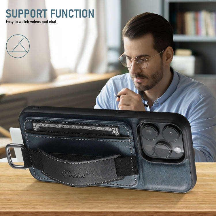 For iPhone 16 Pro Max Suteni H13 Card Wallet Wrist Strap Holder PU Phone Case(Blue) by Suteni