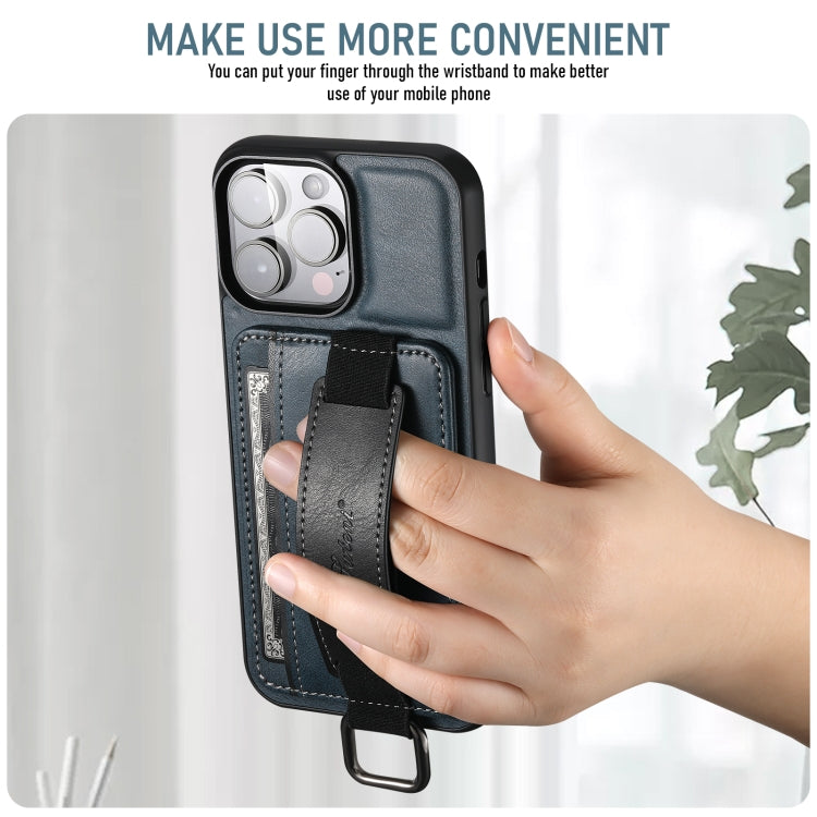 For iPhone 16 Pro Max Suteni H13 Card Wallet Wrist Strap Holder PU Phone Case(Blue) by Suteni