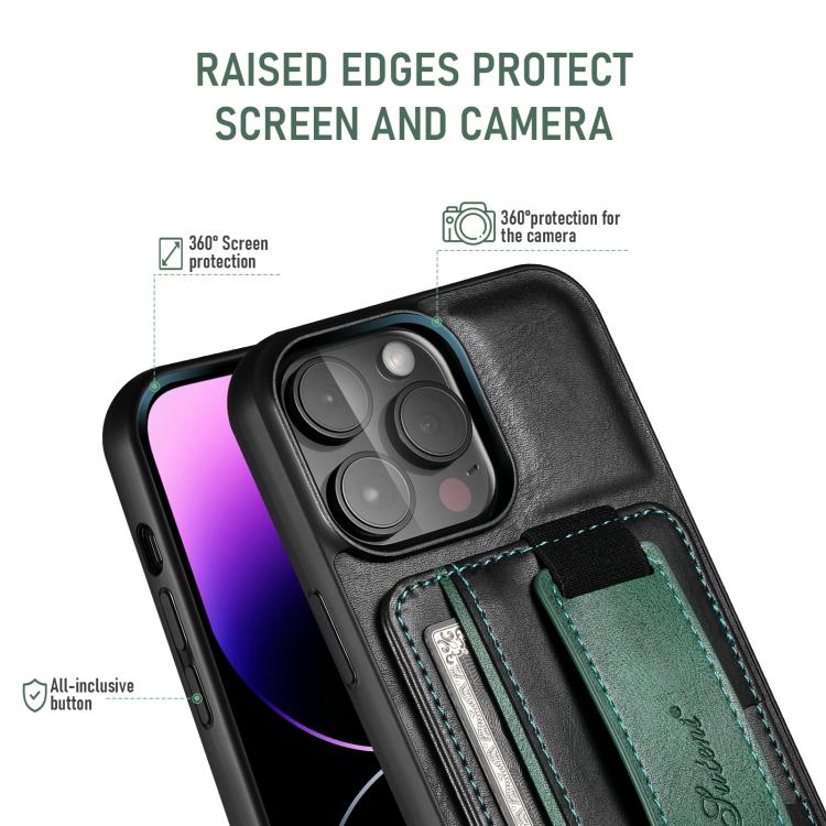 For iPhone 16e Suteni H13 Card Wallet Wrist Strap Holder PU Phone Case(Black) by Suteni