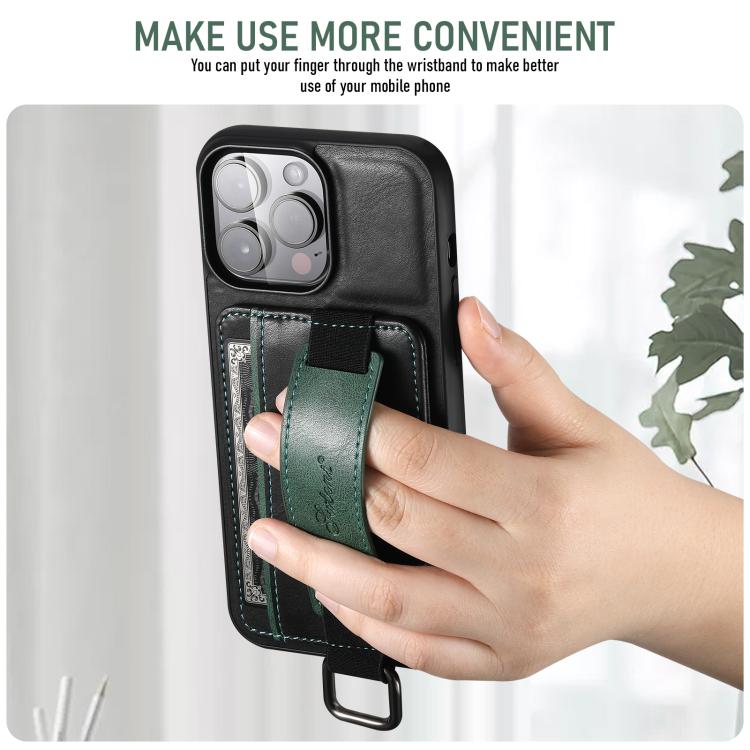 For iPhone 16e Suteni H13 Card Wallet Wrist Strap Holder PU Phone Case(Black) by Suteni