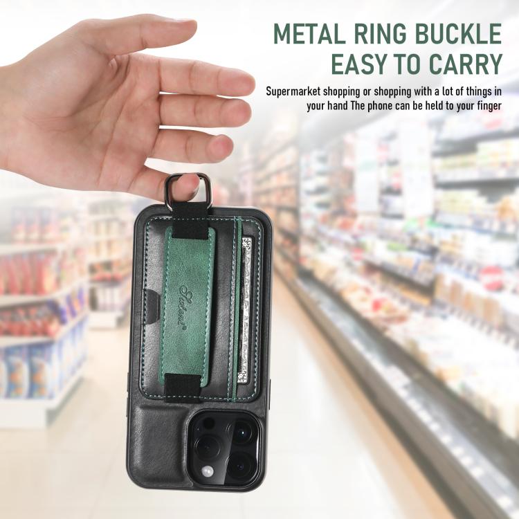 For iPhone 16e Suteni H13 Card Wallet Wrist Strap Holder PU Phone Case(Black) by Suteni