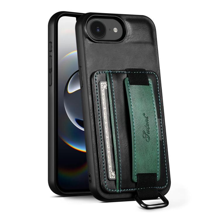 For iPhone 16e Suteni H13 Card Wallet Wrist Strap Holder PU Phone Case(Black) by Suteni