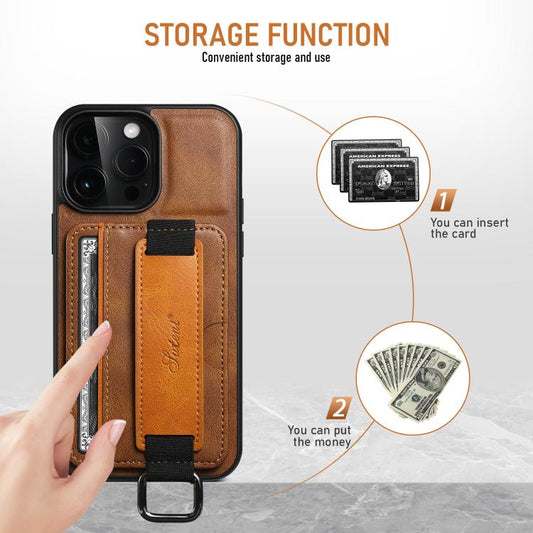 For iPhone 16e Suteni H13 Card Wallet Wrist Strap Holder PU Phone Case(Brown) by Suteni