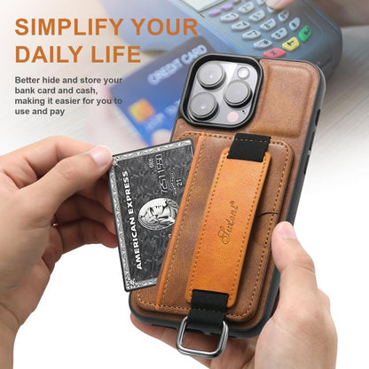 For iPhone 16e Suteni H13 Card Wallet Wrist Strap Holder PU Phone Case(Brown) by Suteni