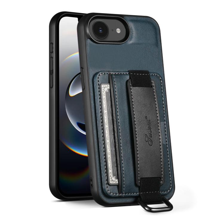 For iPhone 16e Suteni H13 Card Wallet Wrist Strap Holder PU Phone Case(Blue) by Suteni