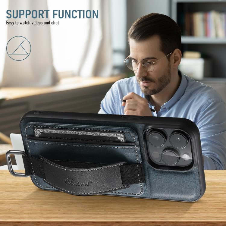 For iPhone 16e Suteni H13 Card Wallet Wrist Strap Holder PU Phone Case(Blue) by Suteni
