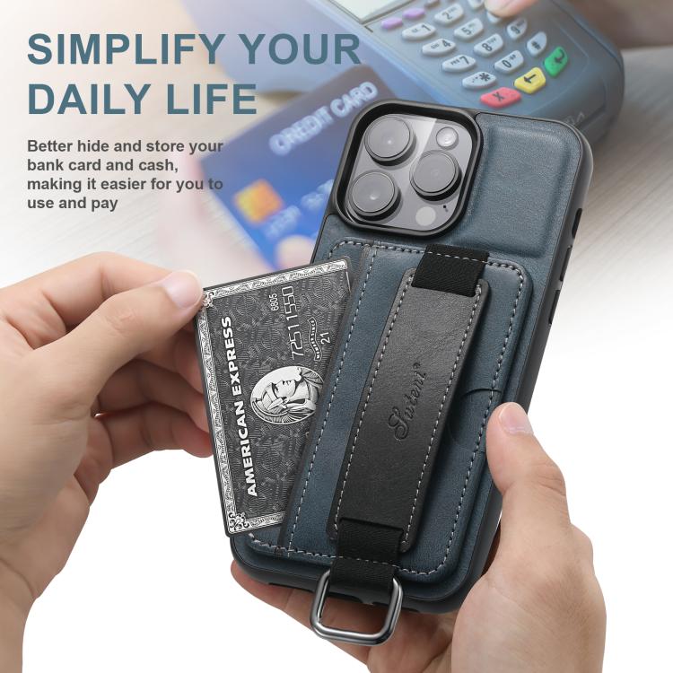 For iPhone 16e Suteni H13 Card Wallet Wrist Strap Holder PU Phone Case(Blue) by Suteni