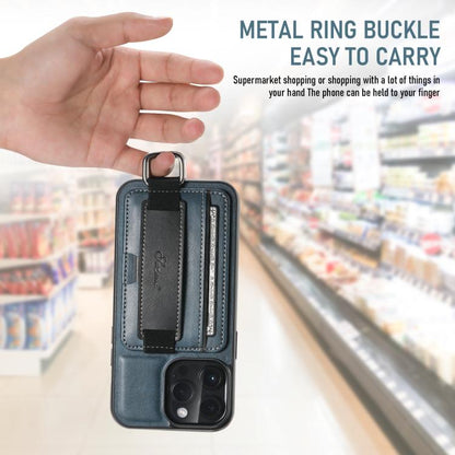 For iPhone 16e Suteni H13 Card Wallet Wrist Strap Holder PU Phone Case(Blue) by Suteni