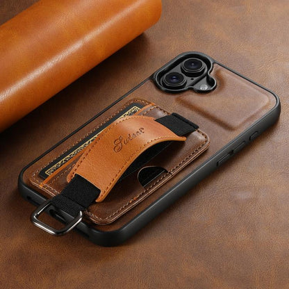 For iPhone 17 Suteni H13 Card Wallet Wrist Strap Holder PU Phone Case(Brown) by Suteni