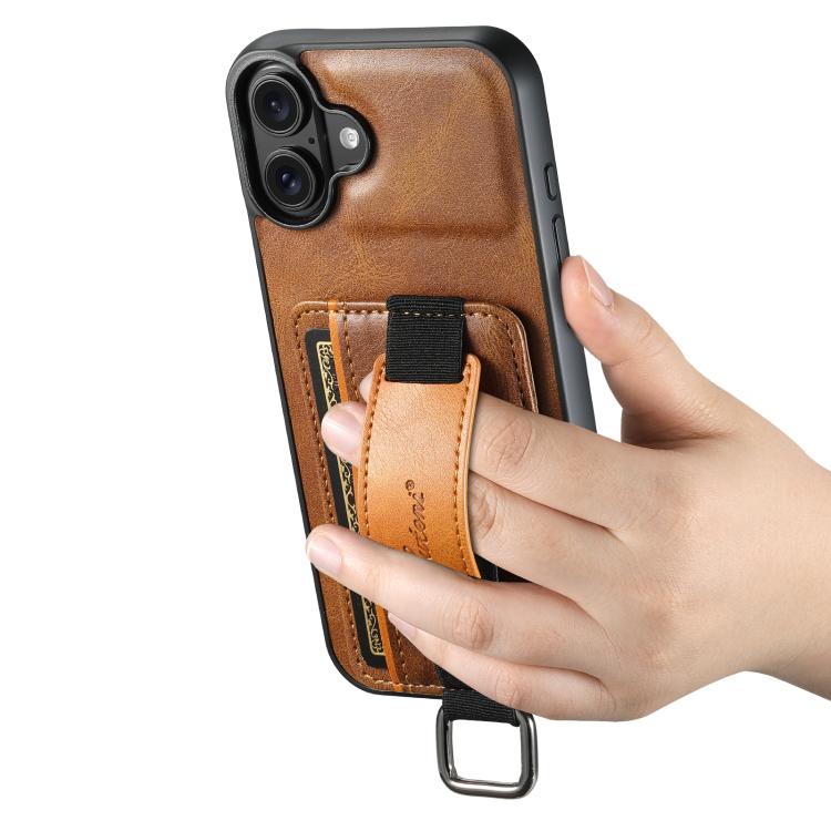 For iPhone 17 Suteni H13 Card Wallet Wrist Strap Holder PU Phone Case(Brown) by Suteni