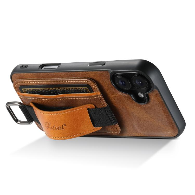 For iPhone 17 Suteni H13 Card Wallet Wrist Strap Holder PU Phone Case(Brown) by Suteni