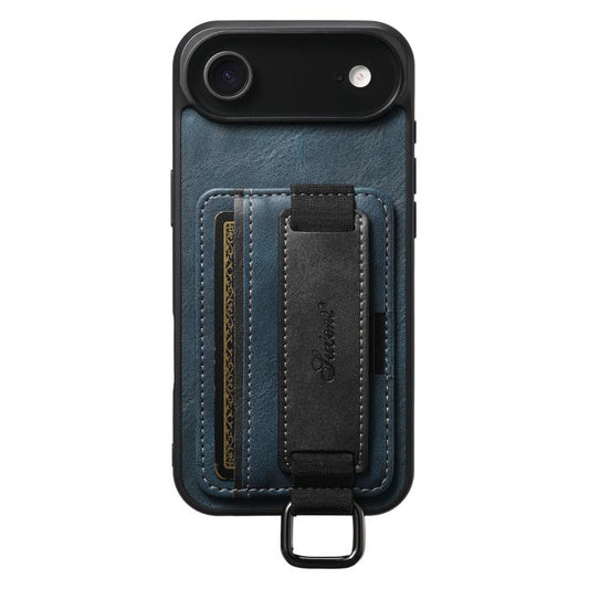 For iPhone Air Suteni H13 Card Wallet Wrist Strap Holder PU Phone Case(Blue) by Suteni