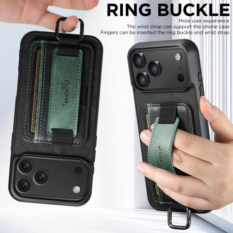 For iPhone 17 Pro Suteni H13 Card Wallet Wrist Strap Holder PU Phone Case(Black) by Suteni