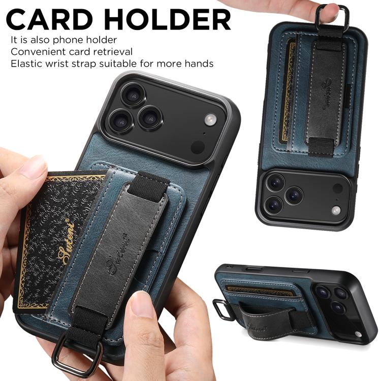 For iPhone 17 Pro Suteni H13 Card Wallet Wrist Strap Holder PU Phone Case(Blue) by Suteni