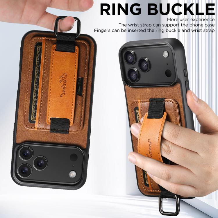For iPhone 17 Pro Max Suteni H13 Card Wallet Wrist Strap Holder PU Phone Case(Brown) by Suteni