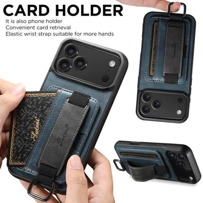 For iPhone 17 Pro Max Suteni H13 Card Wallet Wrist Strap Holder PU Phone Case(Blue) by Suteni