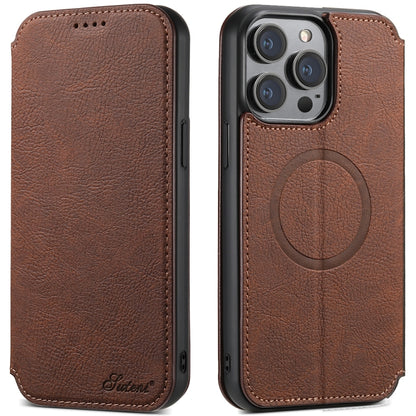 For iPhone 15 Pro Max Suteni J06 Retro Matte Litchi Texture Leather MagSafe Phone Case(Brown) by Suteni