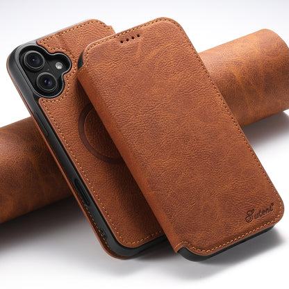 For iPhone 16 Suteni J06 Retro Matte Litchi Texture Leather MagSafe Phone Case(Khaki) by Suteni