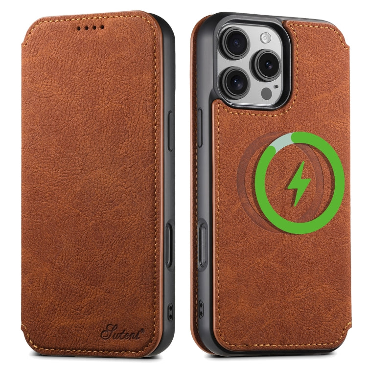 For iPhone 16 Pro Suteni J06 Retro Matte Litchi Texture Leather MagSafe Phone Case(Khaki) by Suteni