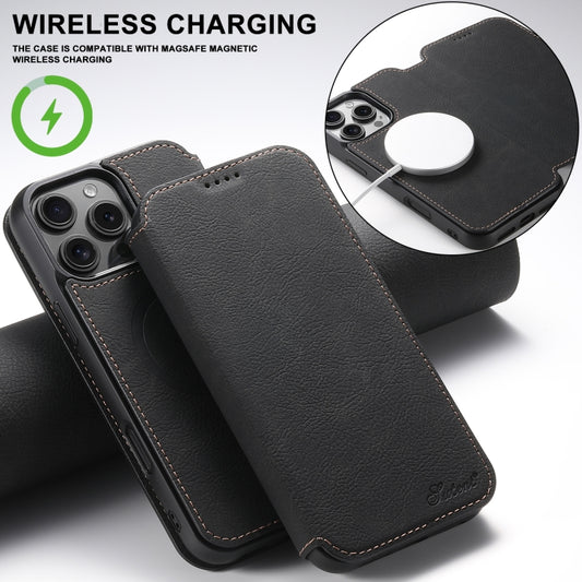 For iPhone 16 Pro Max Suteni J06 Retro Matte Litchi Texture Leather MagSafe Phone Case(Black) by Suteni