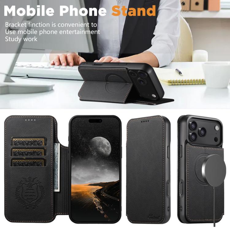 For iPhone 17 Pro Max Suteni J06 Retro Matte Litchi Texture Leather MagSafe Phone Case(Black) by Suteni